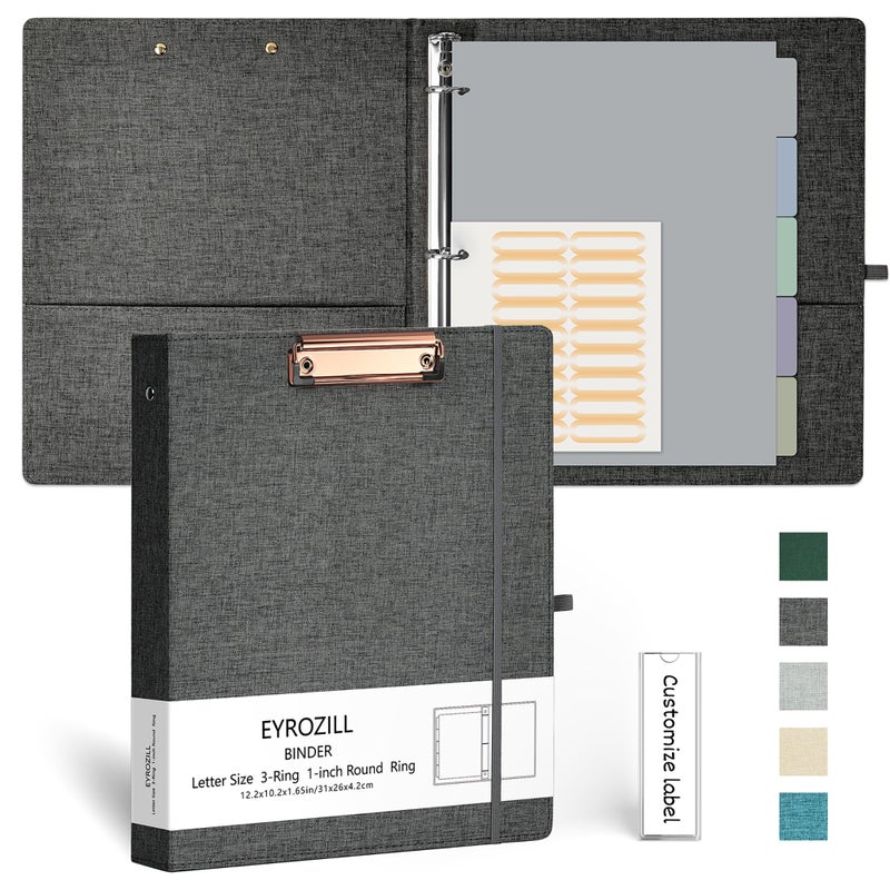 EYROZILL 3 Ring Binder  1 Inch Linen Binder Organizer for Letter Size (8.5"" x 11"") with 5 Tab Dividers  File Folder Labels and Low Profile Clipboards  School and Office Supplies- Darkgrey - Image 1